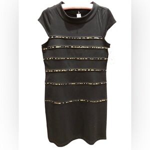 NWT Sangria Black & Leopard Print Striped Cap Sleeve Body con Shirt Dress Sz 10